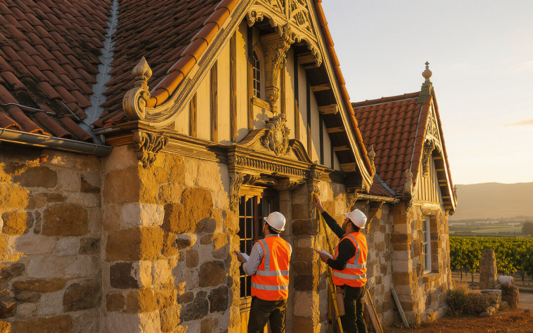 Heritage conservation professionals assessing a historic Cape Dutch building with traditional gabled architecture in the Cape Winelands