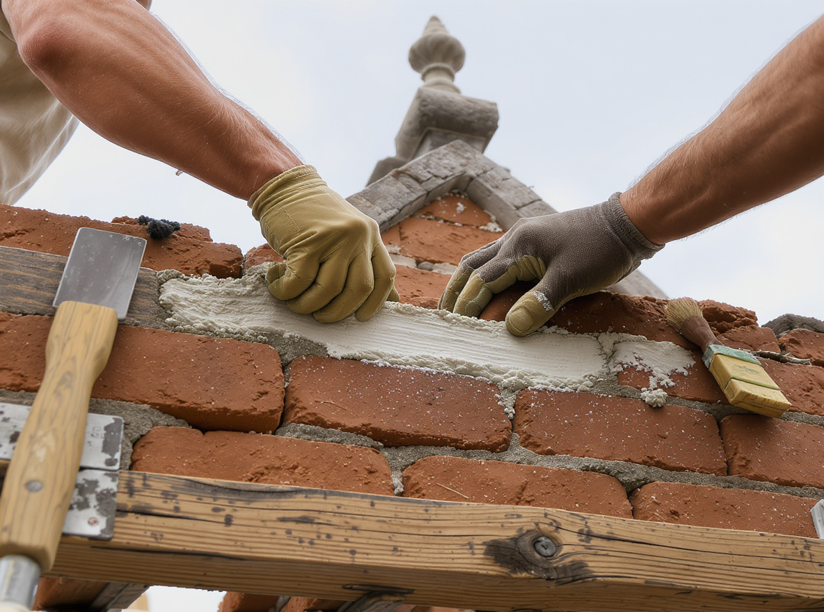 Detailed view of traditional craftsmanship showing lime mortar application during Cape Dutch gable restoration using authentic materials and techniques