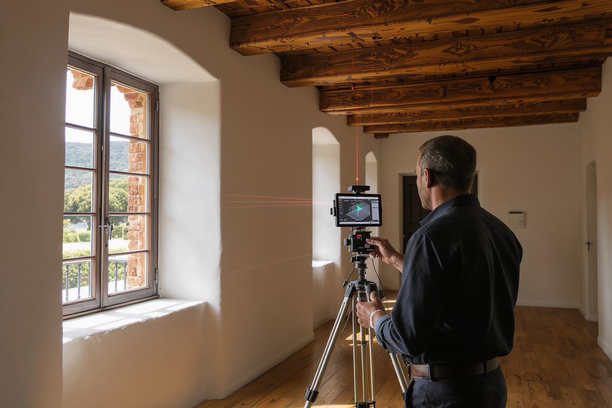 Heritage conservation specialist using 3D laser scanning technology to document historic Cape Dutch interior architectural details for preservation planning