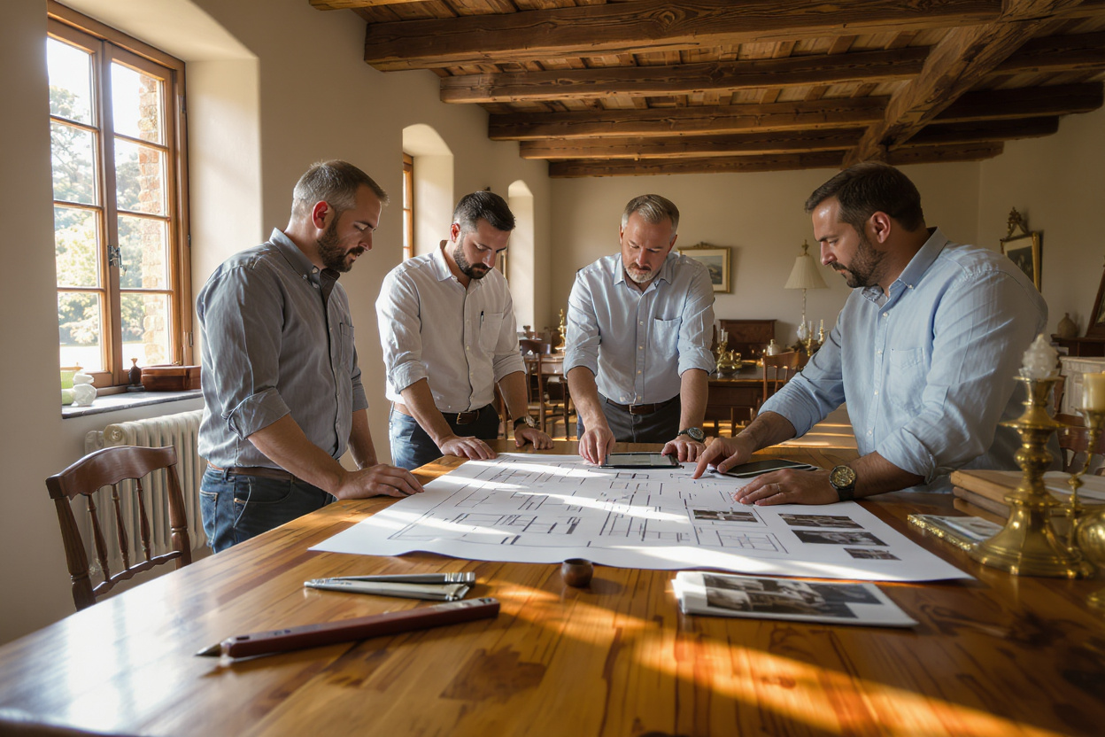 Conservation professionals collaborating around heritage documentation and architectural drawings in a historic interior setting