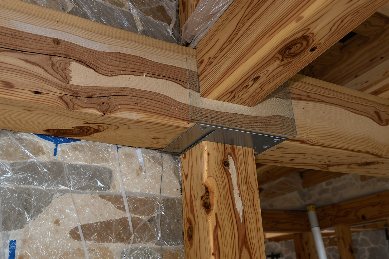 Structural beam repair showing steel reinforcement integration and temporary supports in heritage building restoration