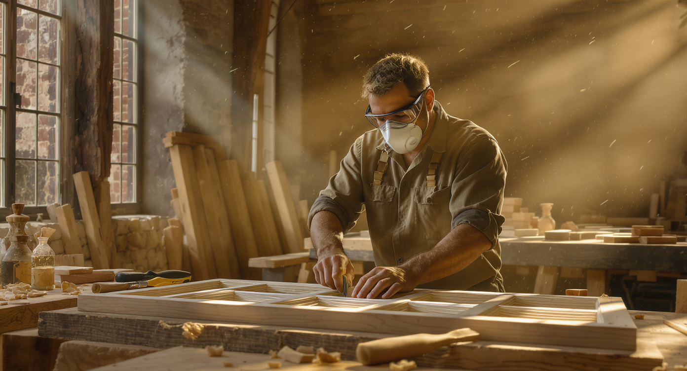 Professional craftsman restoring a heritage sash window in a traditional Cape Winelands workshop with natural lighting and period architectural details