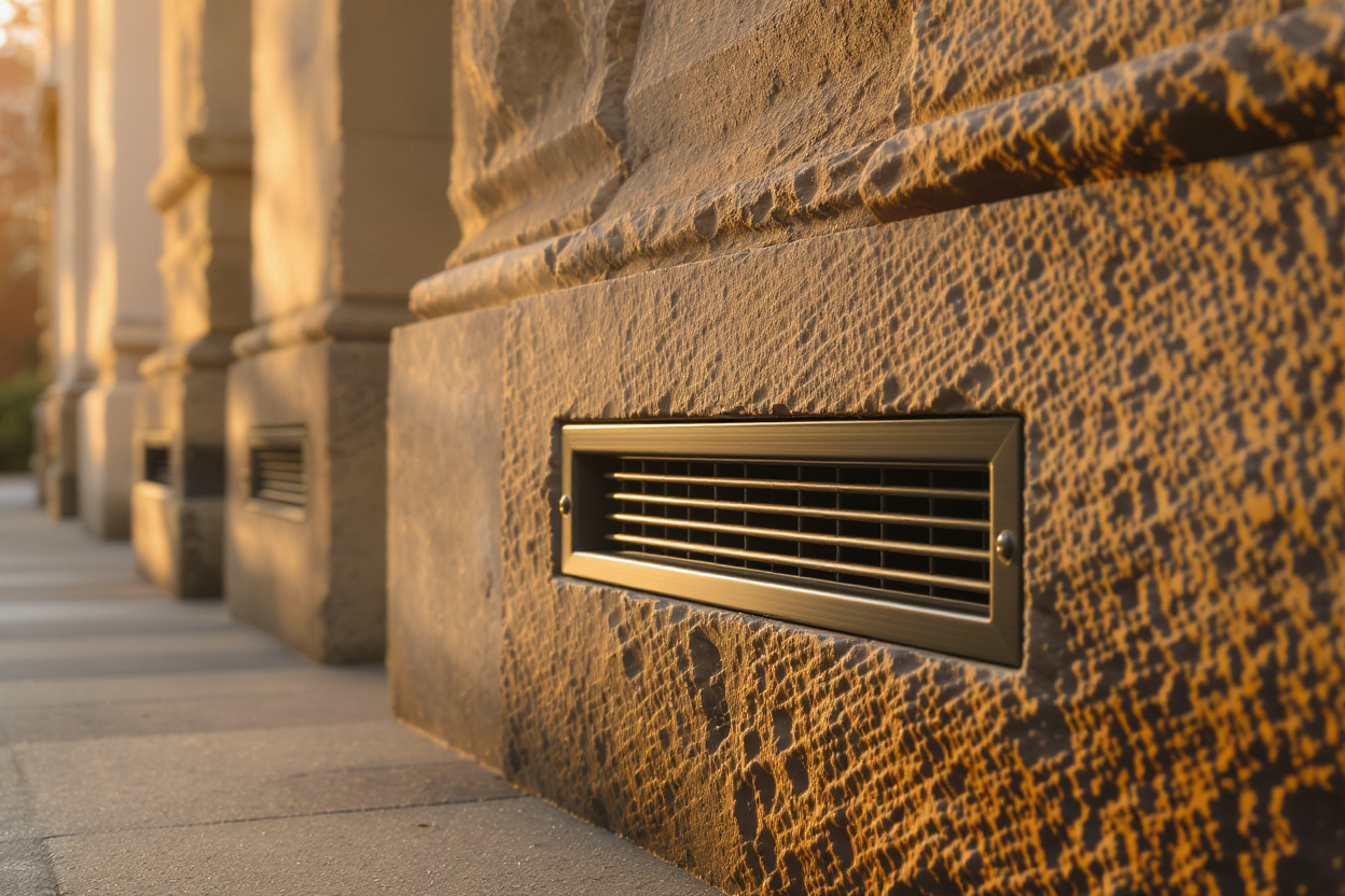 Passive wall base ventilation grilles professionally integrated into heritage sandstone wall foundation showing conservation-appropriate installation