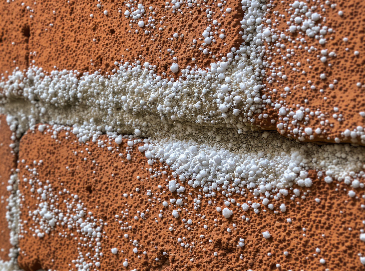 Close-up detail of white salt crystallisation damage on traditional clay brick and lime mortar showing characteristic efflorescence patterns