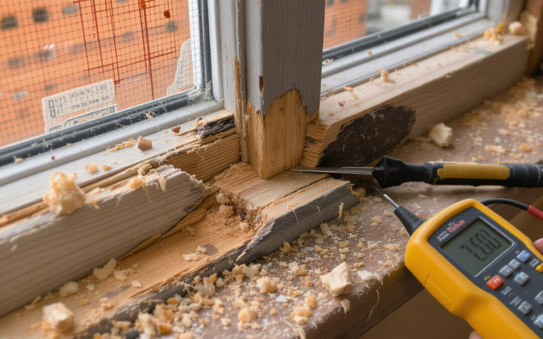 Close-up detail of sash window bottom rail repair showing precision joinery work and timber consolidation techniques