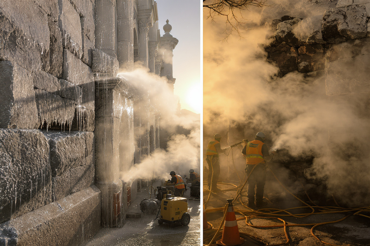 Professional demonstration of progressive masonry cleaning methods from gentle water rinsing to controlled steam application on heritage stone facade