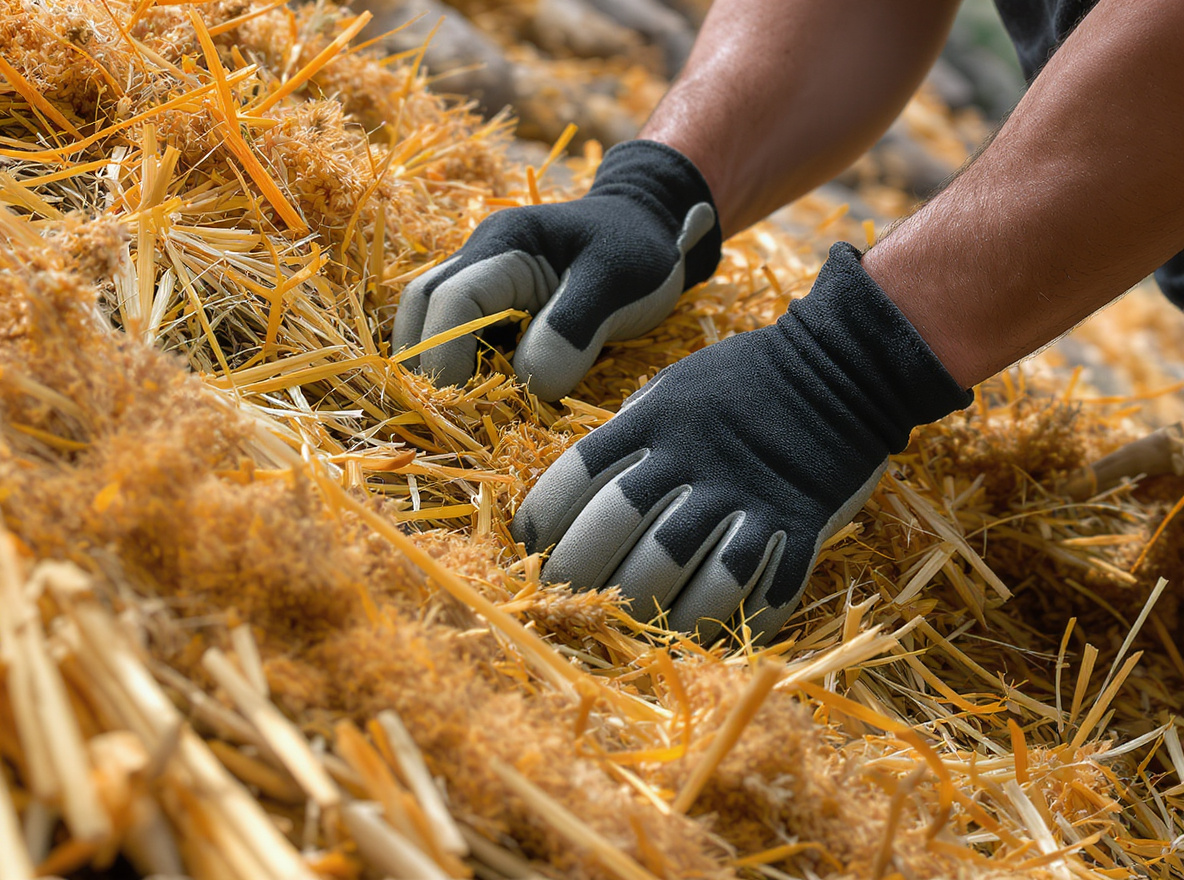 Master thatcher's hands working with bundles of water reed and wheat straw, demonstrating traditional material selection and preparation techniques