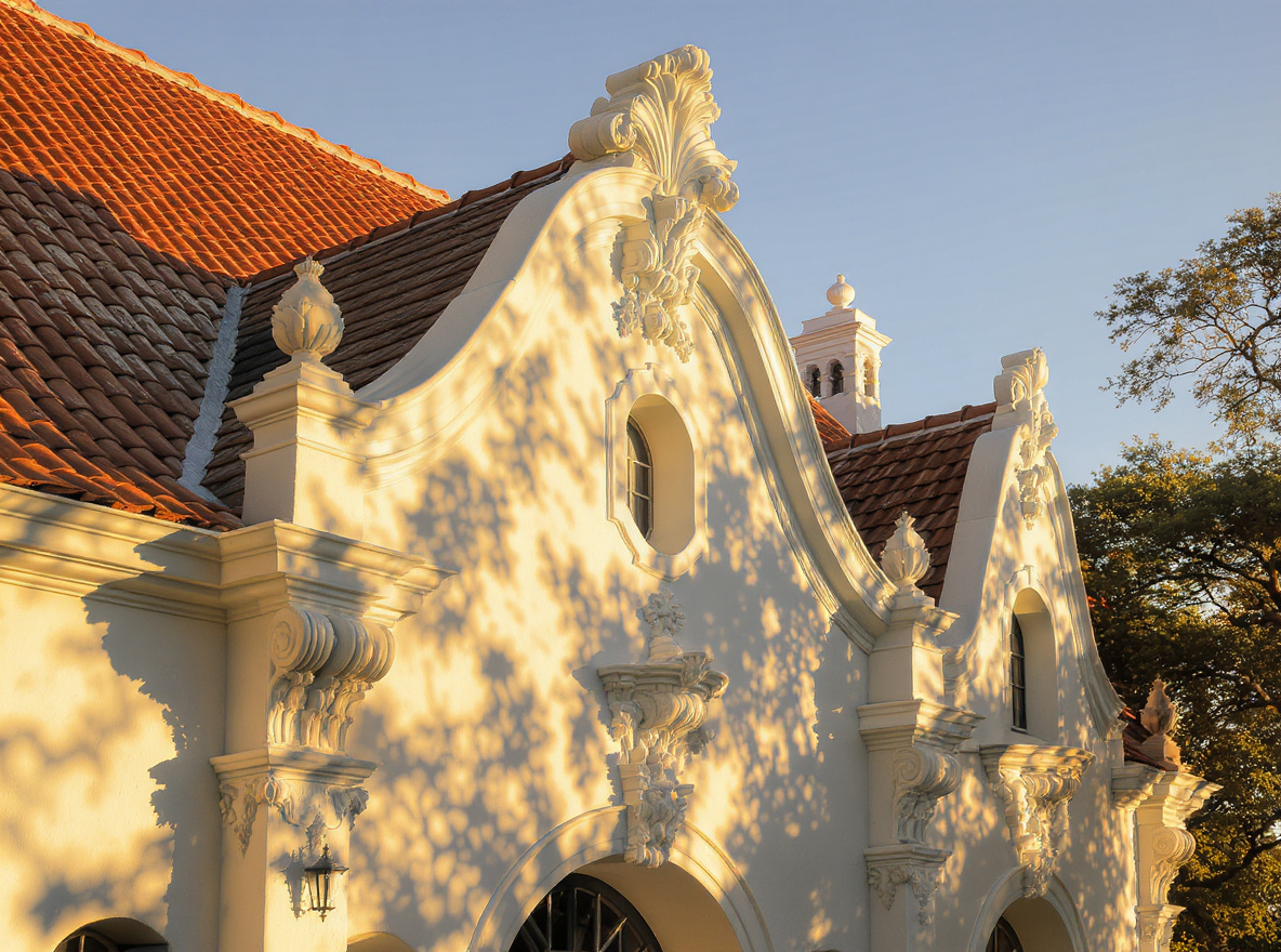 Close-up view of ornate Cape Dutch gables showing the baroque-influenced architectural details that characterize Grade II heritage permit properties in the Western Cape