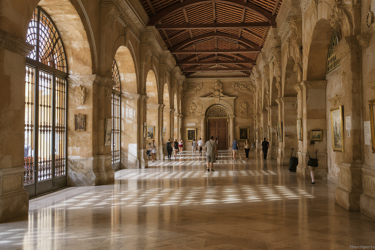 Historic museum gallery interior showing discreet fire curtain housing integrated into heritage ceiling details, maintaining authentic period atmosphere. For the use of discreet fire protection.