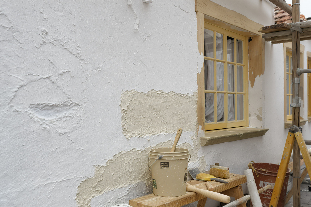 Heritage restoration craftsmen with, heritage permits, carefully applying traditional lime plaster to a Cape Dutch building facade using approved materials and techniques