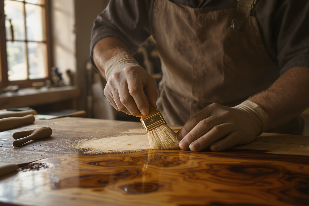 Professional craftsperson applying heritage hardwax oil finish to stinkwood furniture using proper brush technique in heritage finishes & patina