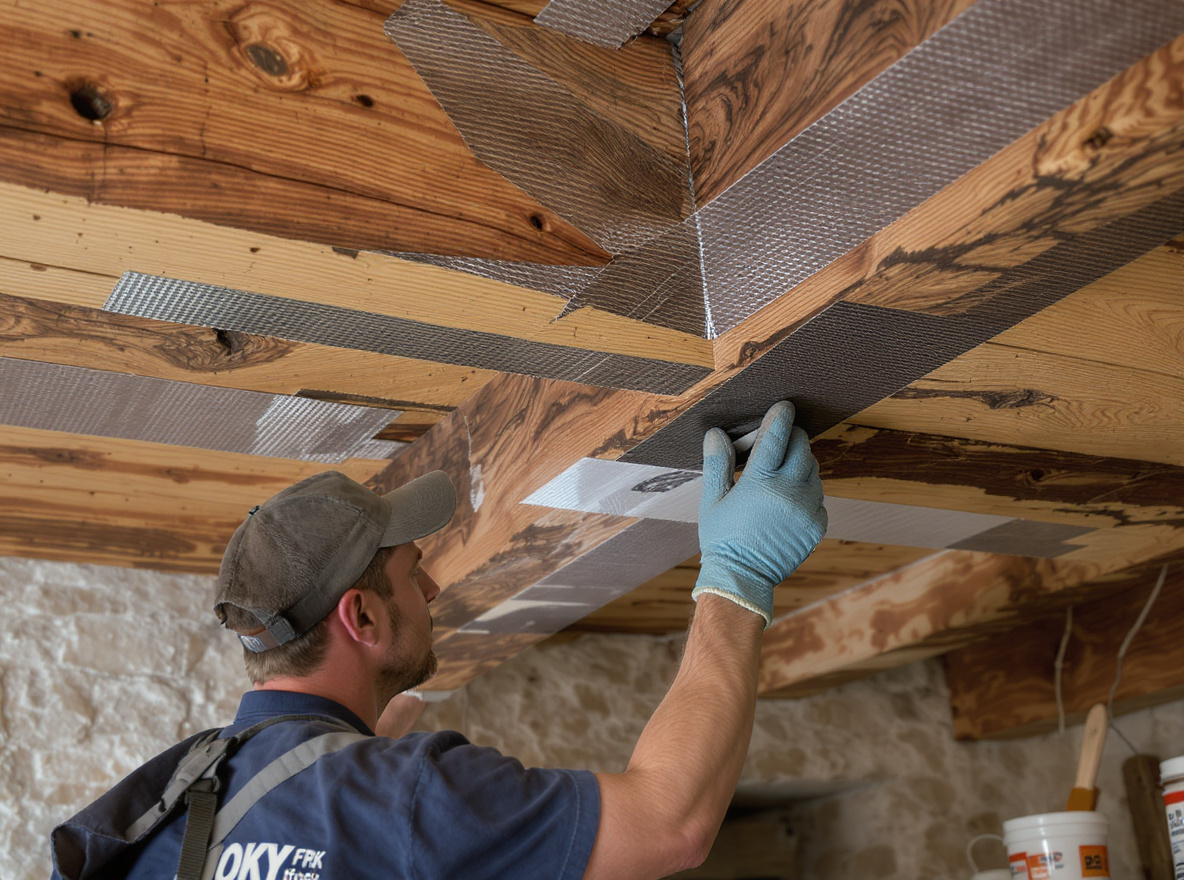 Craftsperson applying translucent FRP reinforcement strips to heritage timber beam, showing invisible strengthening technique
