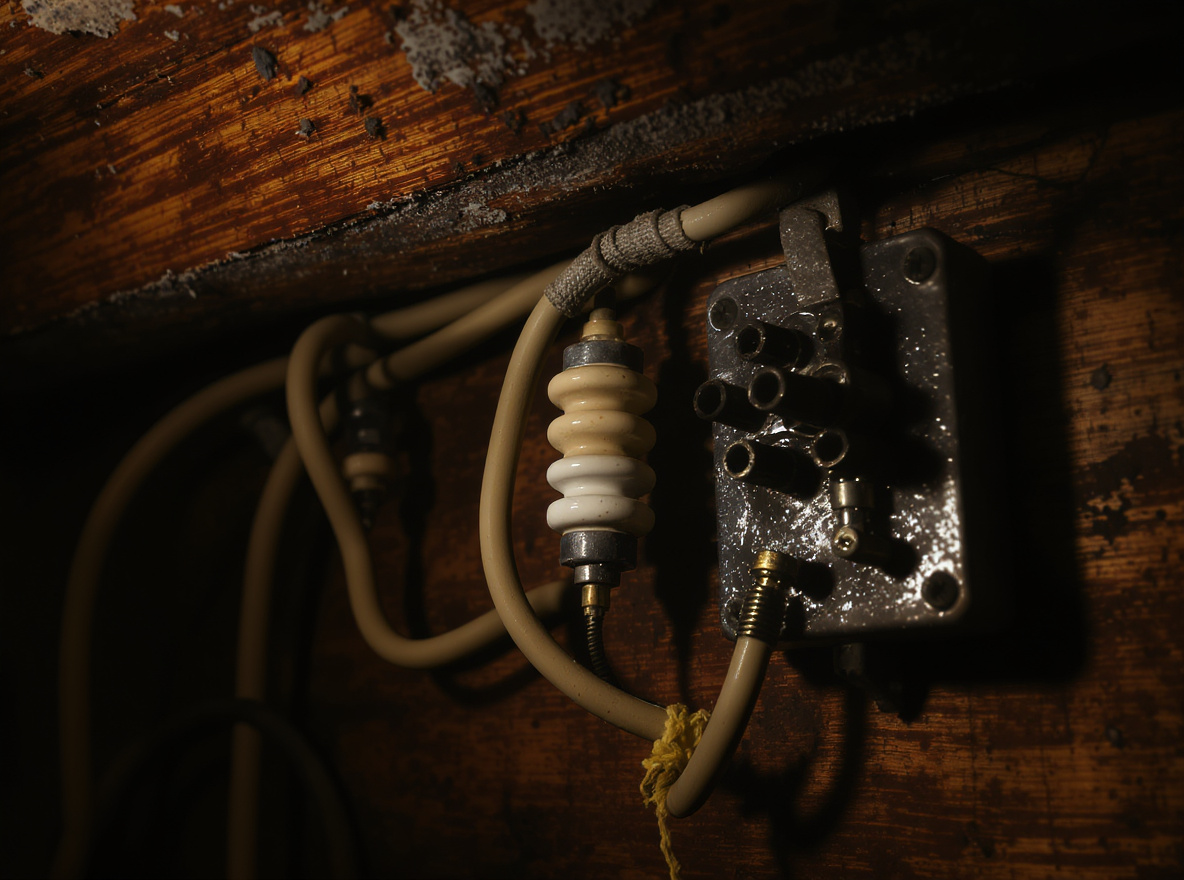 Close-up view of vintage knob-and-tube electrical wiring and ceramic insulators from the 1920s in a heritage building's heritage electrics.