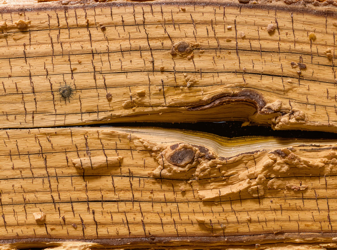Cross-section view of oak wood showing linseed oil penetrating deep into wood fibers and pores during heritage finishes & patina.