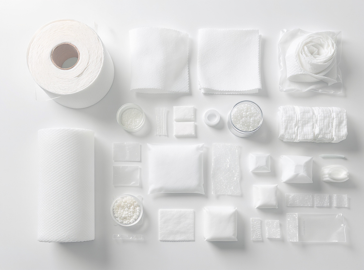 Technical arrangement of raw materials including fluff pulp, non-woven fabrics, and packaging components