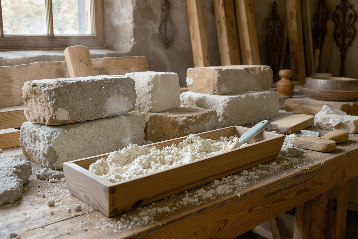 Traditional building materials including sandstone blocks, lime mortar, reclaimed timber, and hand-forged iron arranged for structural strengthening on craftsperson's workbench